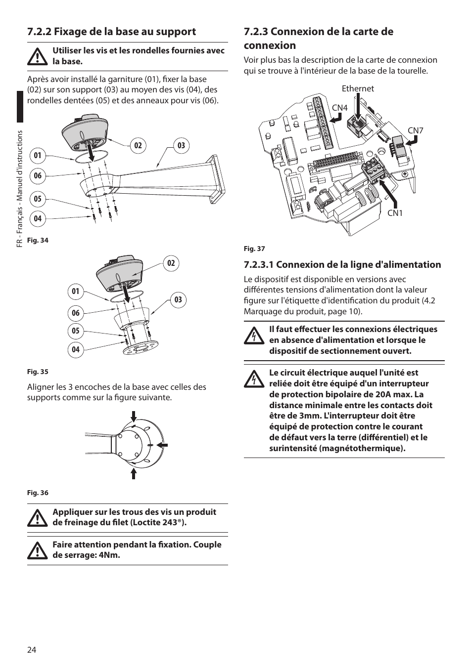 2 fixage de la base au support, 3 connexion de la carte de connexion, 1 connexion de la ligne d'alimentation | Videotec ULISSE NETCAM User Manual | Page 126 / 204