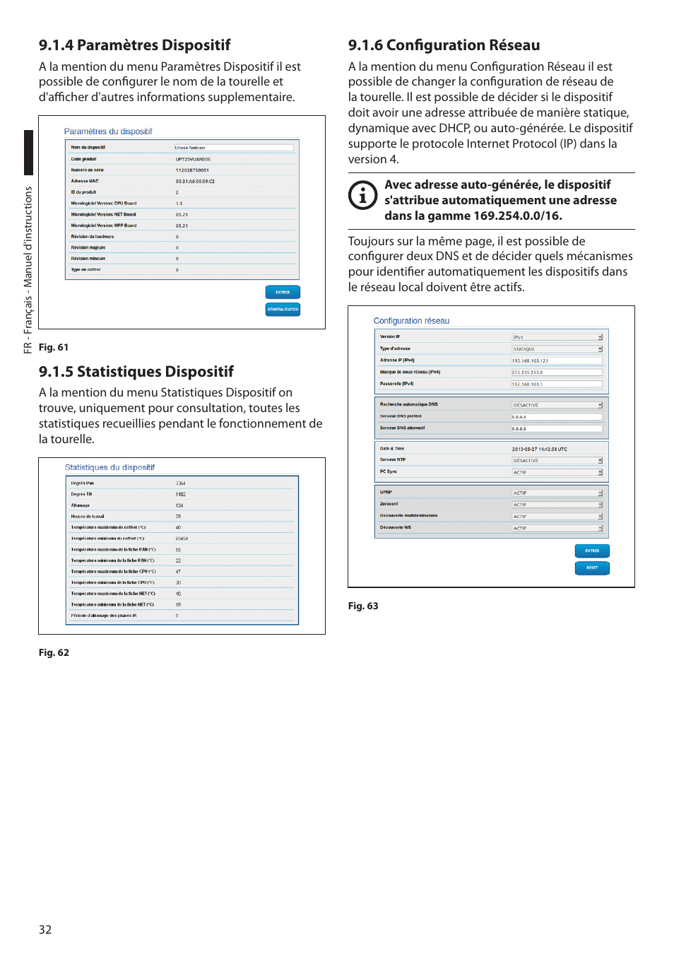 4 paramètres dispositif, 5 statistiques dispositif, 6 configuration réseau | Videotec ULISSE NETCAM User Manual | Page 134 / 204