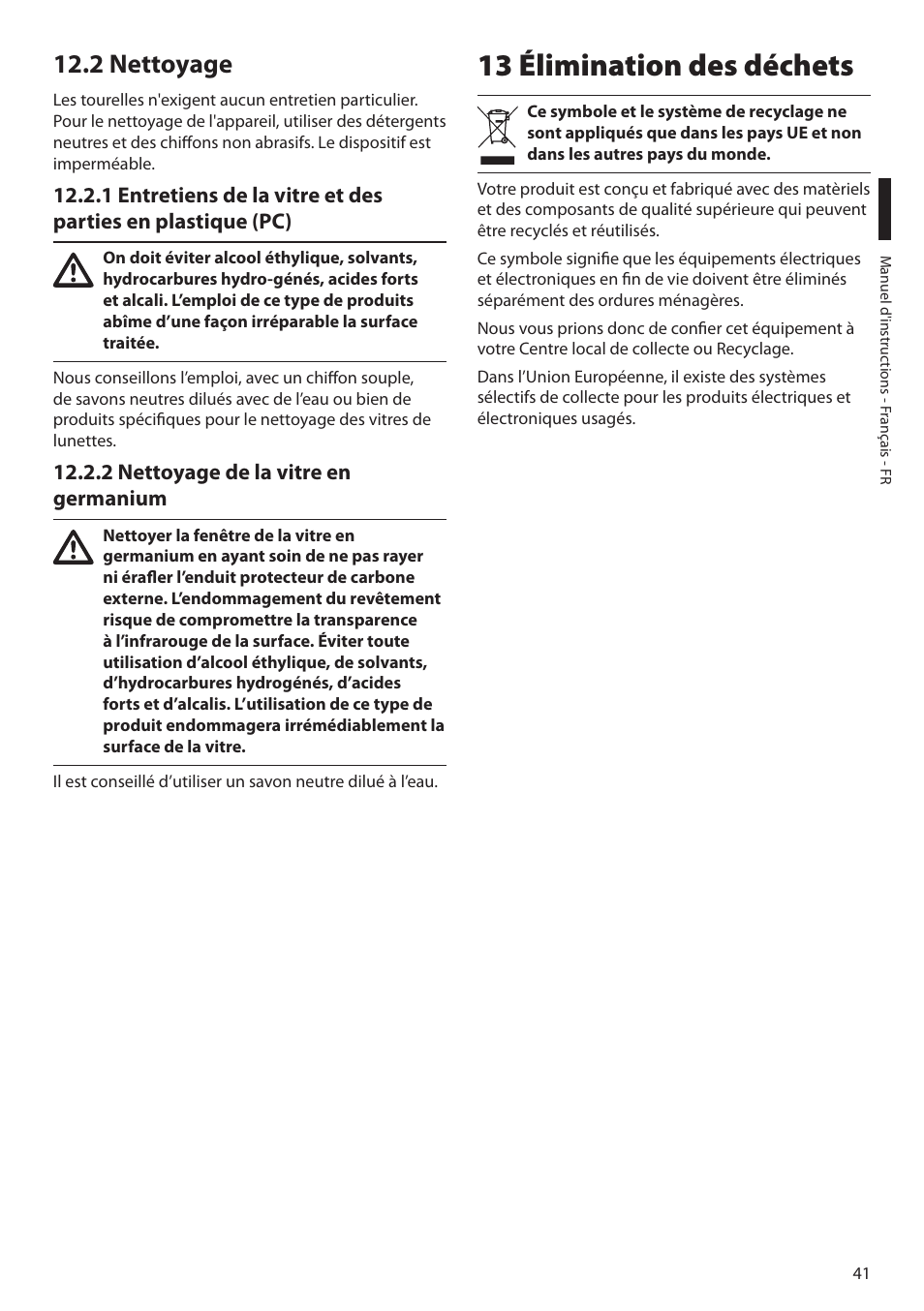 2 nettoyage, 2 nettoyage de la vitre en germanium, 13 élimination des déchets | Videotec ULISSE NETCAM User Manual | Page 143 / 204