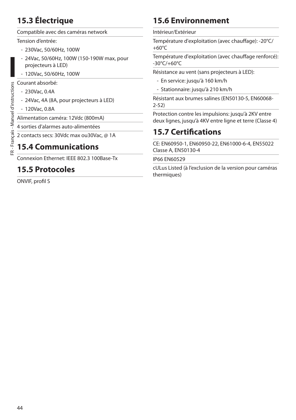 3 électrique, 4 communications, 5 protocoles | 6 environnement, 7 certifications | Videotec ULISSE NETCAM User Manual | Page 146 / 204