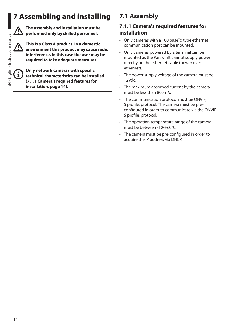7 assembling and installing, 1 assembly, 1 camera's required features for installation | Videotec ULISSE NETCAM User Manual | Page 16 / 204