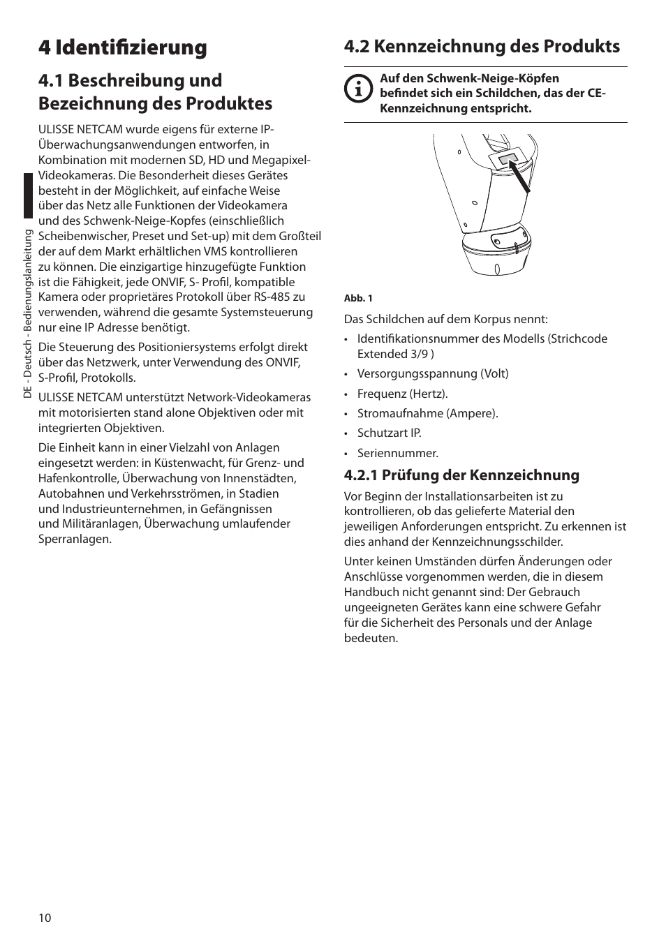 4 identifizierung, 1 beschreibung und bezeichnung des produktes, 2 kennzeichnung des produkts | 1 prüfung der kennzeichnung | Videotec ULISSE NETCAM User Manual | Page 162 / 204