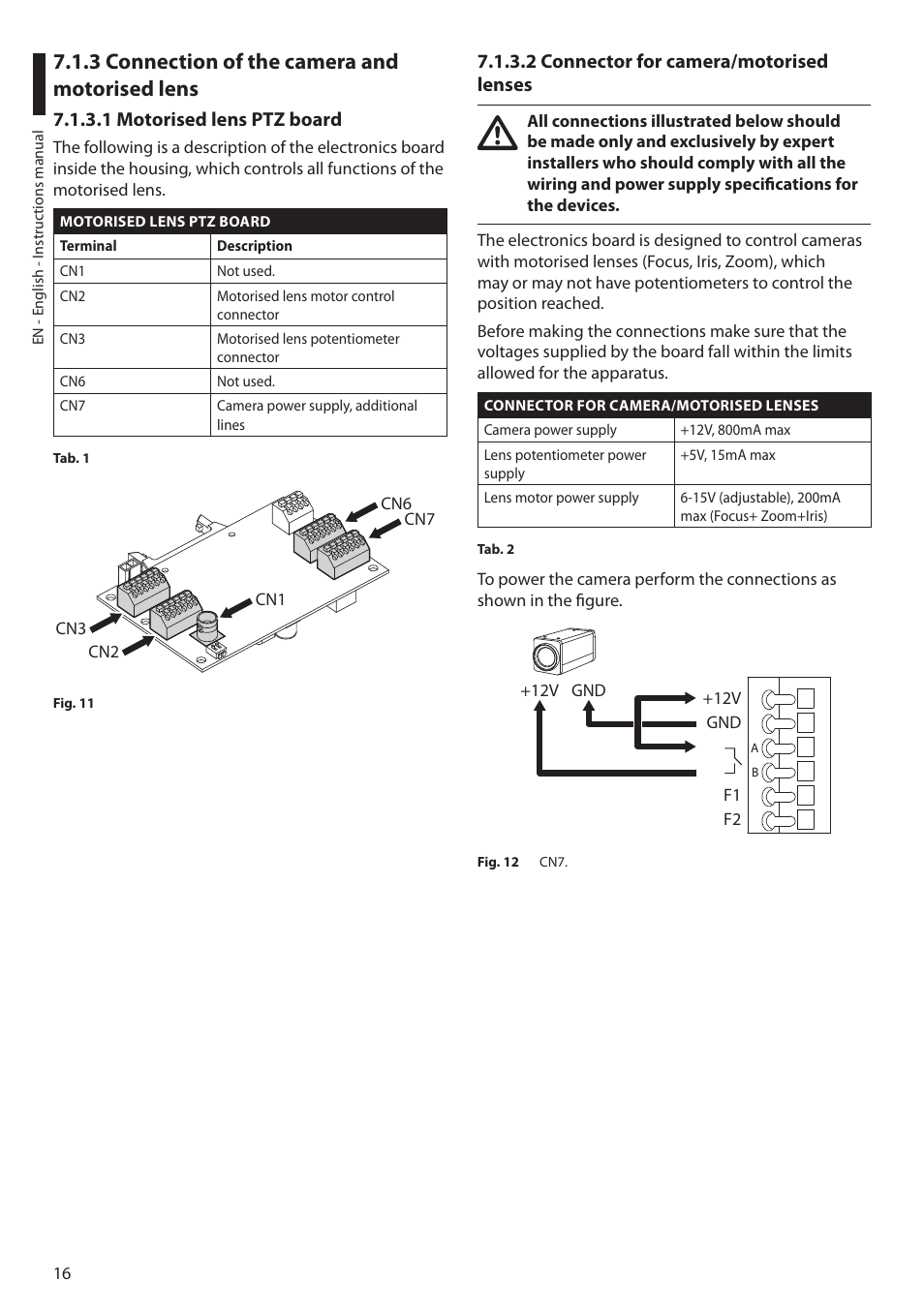 3 connection of the camera and motorised lens, 1 motorised lens ptz board, 2 connector for camera/motorised lenses | Videotec ULISSE NETCAM User Manual | Page 18 / 204