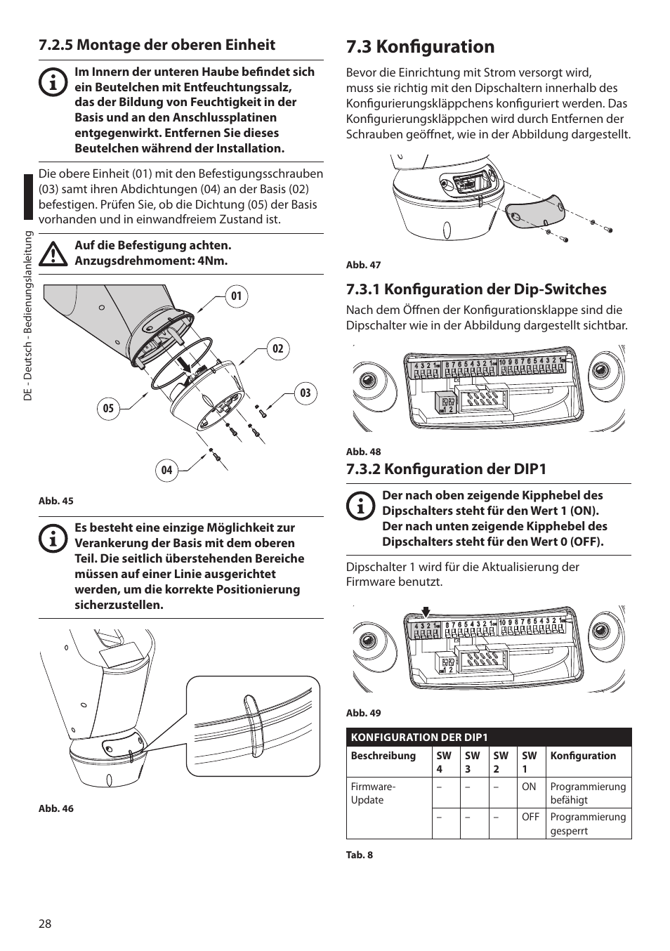 5 montage der oberen einheit, 3 konfiguration, 1 konfiguration der dip-switches | 2 konfiguration der dip1 | Videotec ULISSE NETCAM User Manual | Page 180 / 204