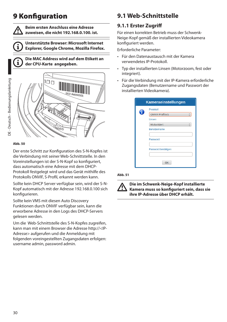 9 konfiguration, 1 web-schnittstelle, 1 erster zugriff | Videotec ULISSE NETCAM User Manual | Page 182 / 204