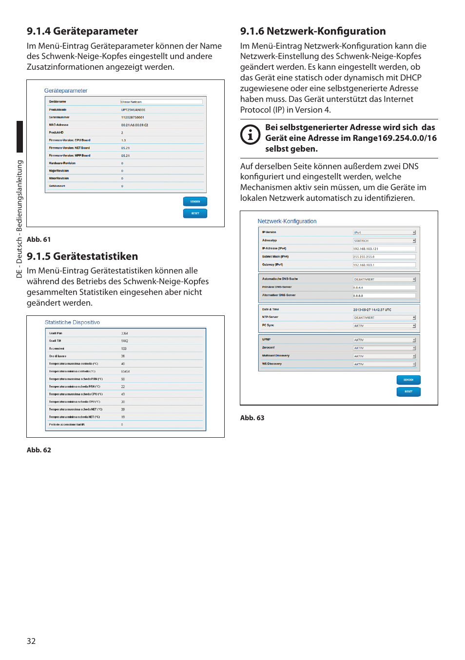 4 geräteparameter, 5 gerätestatistiken, 6 netzwerk-konfiguration | Videotec ULISSE NETCAM User Manual | Page 184 / 204