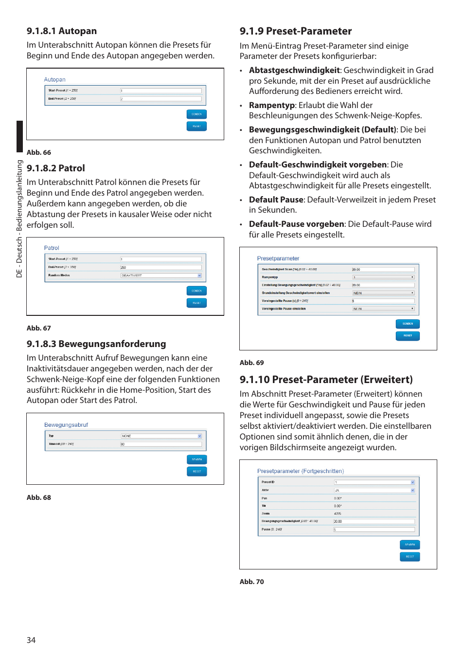 1 autopan, 2 patrol, 3 bewegungsanforderung | 9 preset-parameter, 10 preset-parameter (erweitert) | Videotec ULISSE NETCAM User Manual | Page 186 / 204