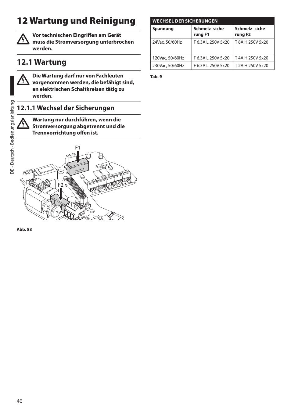 12 wartung und reinigung, 1 wartung, 1 wechsel der sicherungen | Videotec ULISSE NETCAM User Manual | Page 192 / 204
