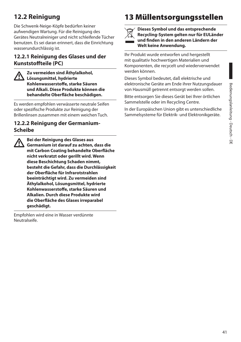 2 reinigung, 2 reinigung der germanium-scheibe, 13 müllentsorgungsstellen | Videotec ULISSE NETCAM User Manual | Page 193 / 204