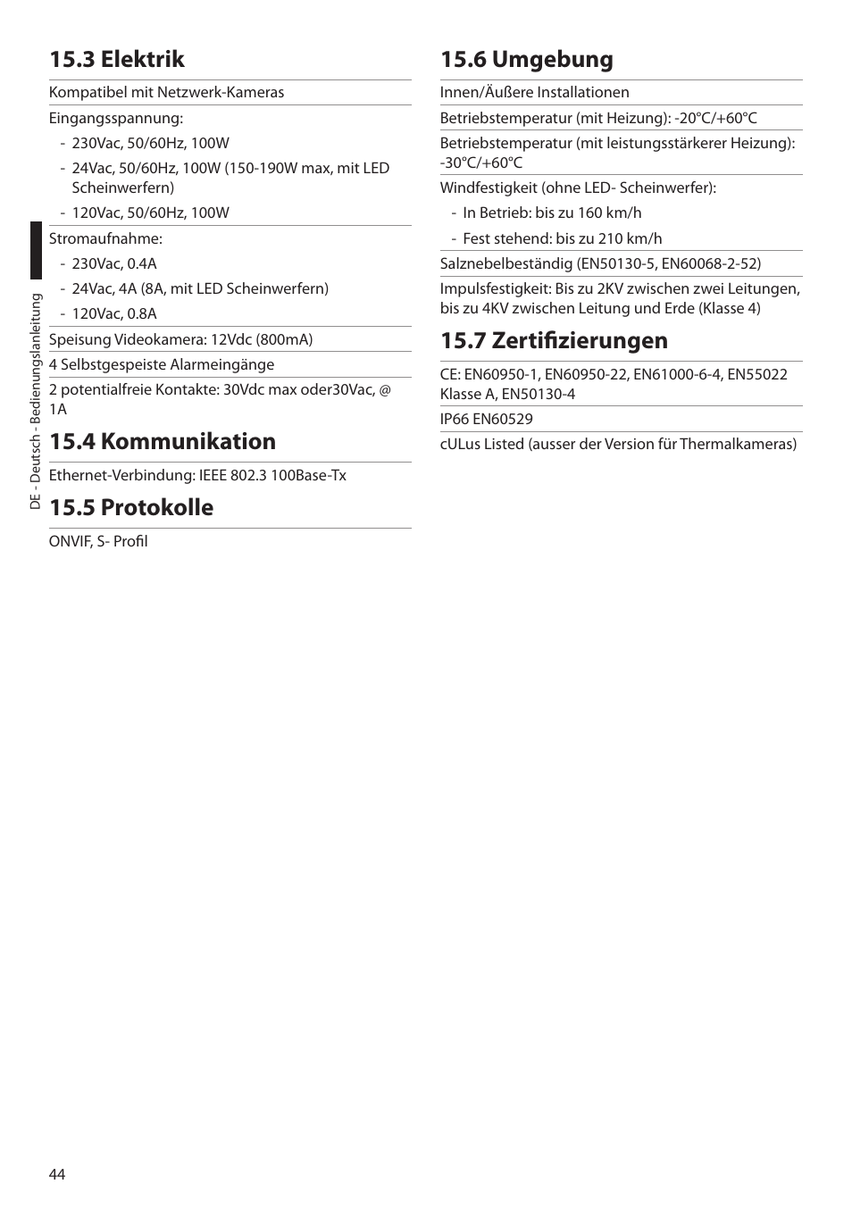 3 elektrik, 4 kommunikation, 5 protokolle | 6 umgebung, 7 zertifizierungen | Videotec ULISSE NETCAM User Manual | Page 196 / 204