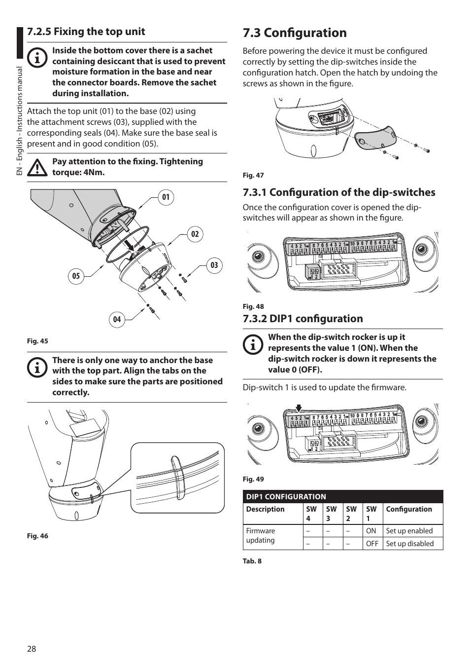 5 fixing the top unit, 3 configuration, 1 configuration of the dip-switches | 2 dip1 configuration | Videotec ULISSE NETCAM User Manual | Page 30 / 204