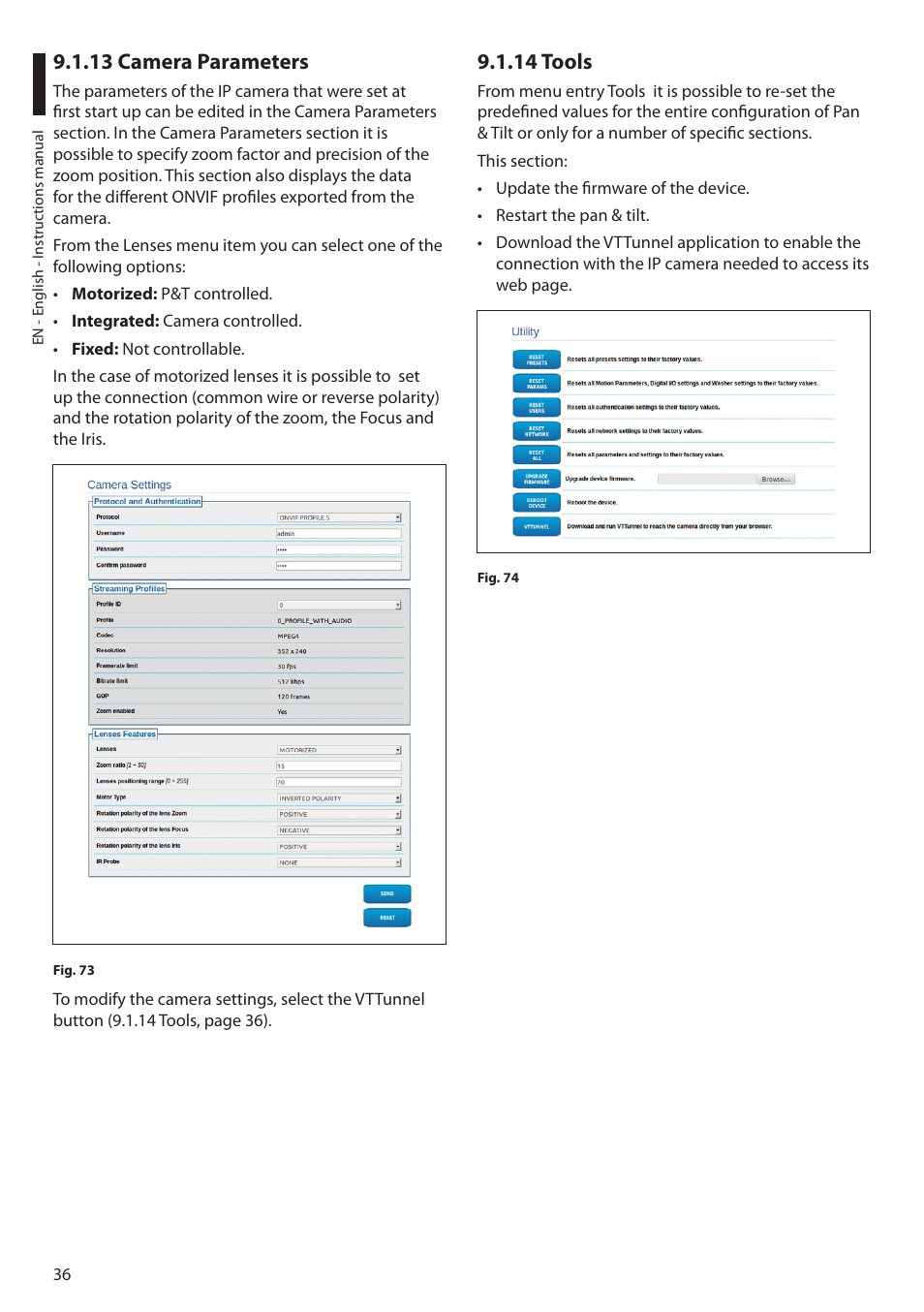 13 camera parameters, 14 tools, 13 camera parameters 9.1.14 tools | Videotec ULISSE NETCAM User Manual | Page 38 / 204