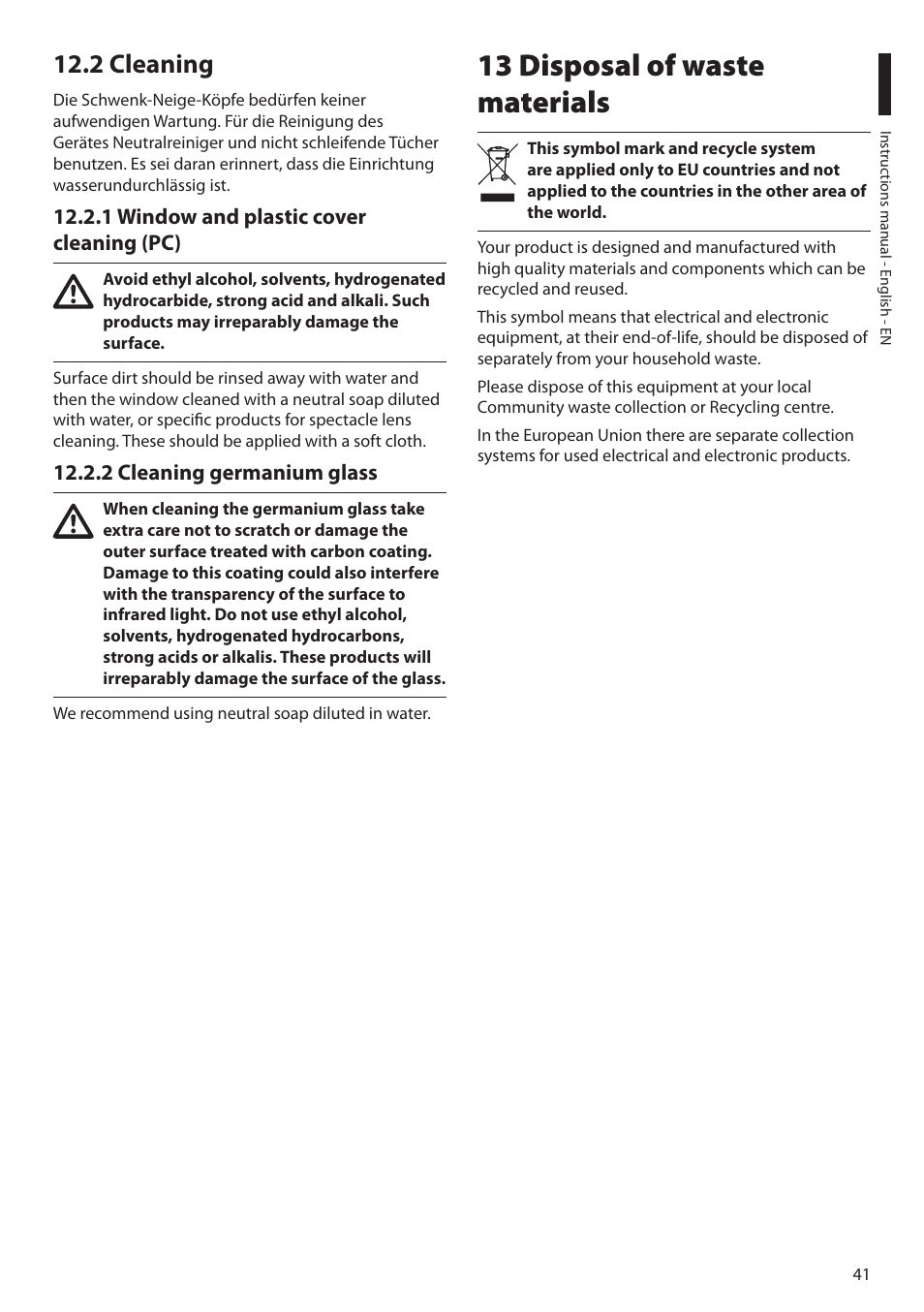 2 cleaning, 1 window and plastic cover cleaning (pc), 2 cleaning germanium glass | 13 disposal of waste materials | Videotec ULISSE NETCAM User Manual | Page 43 / 204