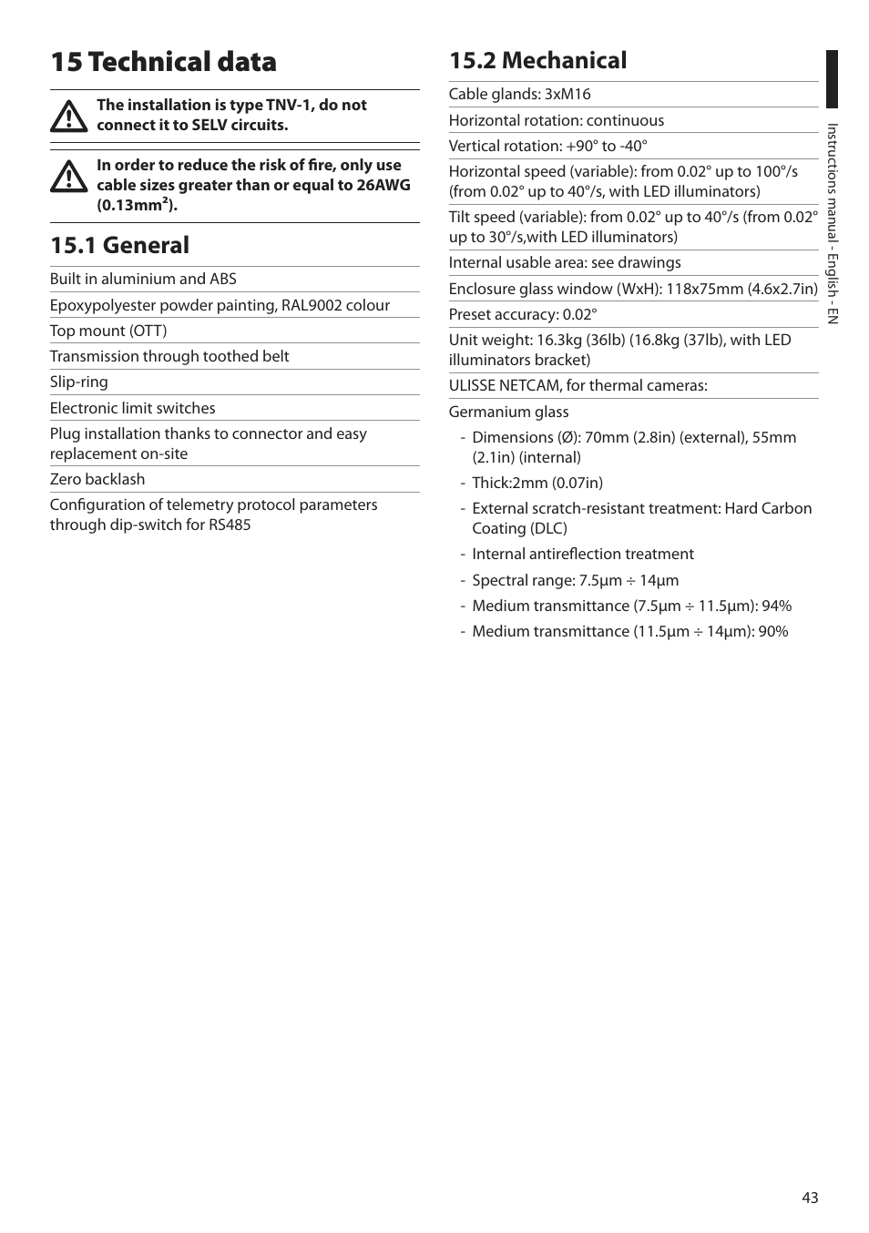 15 technical data, 1 general, 2 mechanical | 1 general 15.2 mechanical | Videotec ULISSE NETCAM User Manual | Page 45 / 204