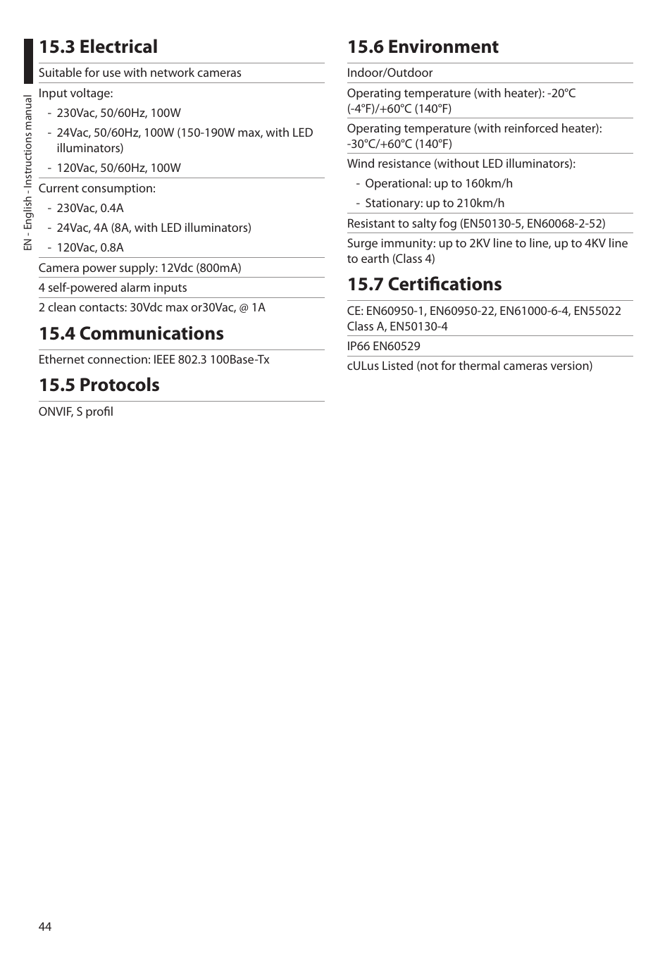 3 electrical, 4 communications, 5 protocols | 6 environment, 7 certifications | Videotec ULISSE NETCAM User Manual | Page 46 / 204