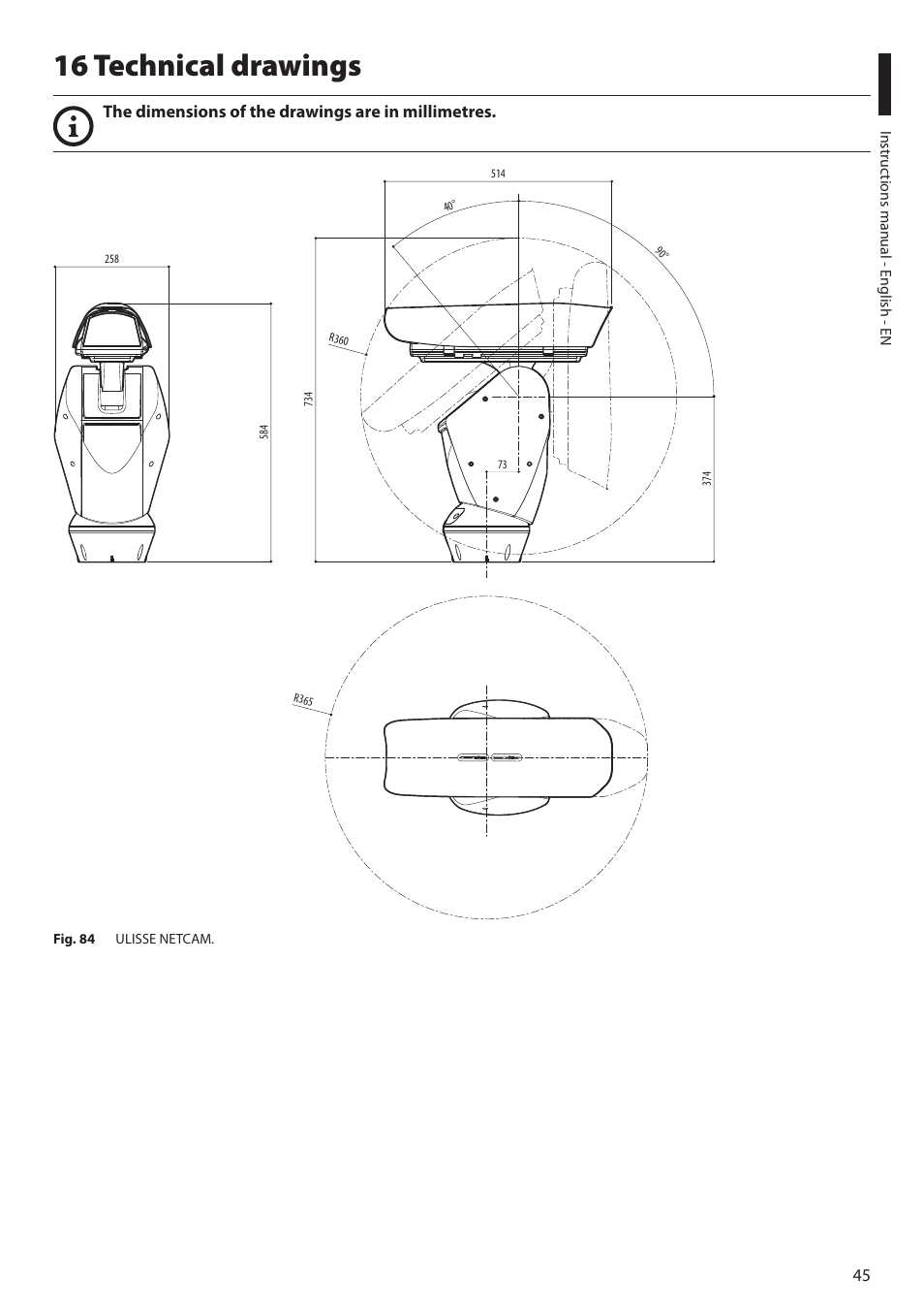 16 technical drawings, The dimensions of the drawings are in millimetres | Videotec ULISSE NETCAM User Manual | Page 47 / 204