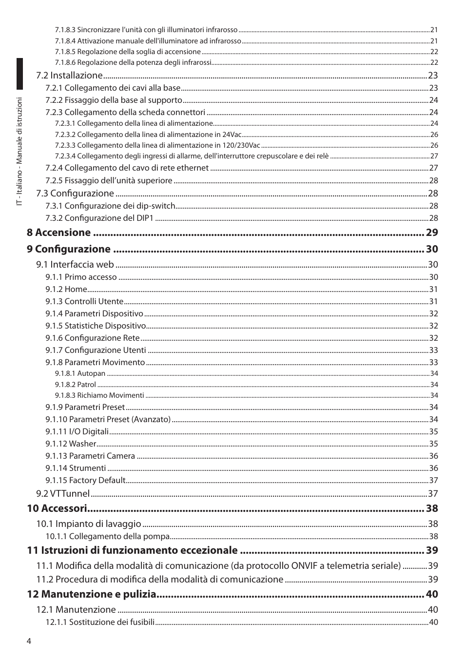 8 accensione 9 configurazione, 10 accessori, 11 istruzioni di funzionamento eccezionale | 12 manutenzione e pulizia | Videotec ULISSE NETCAM User Manual | Page 56 / 204