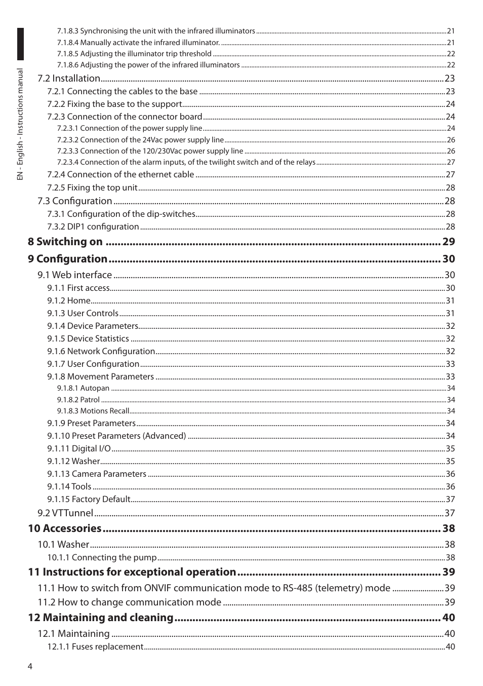 8 switching on 9 configuration, 10 accessories, 11 instructions for exceptional operation | 12 maintaining and cleaning | Videotec ULISSE NETCAM User Manual | Page 6 / 204