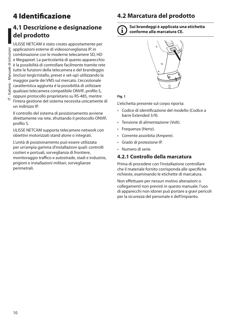 4 identificazione, 1 descrizione e designazione del prodotto, 2 marcatura del prodotto | 1 controllo della marcatura | Videotec ULISSE NETCAM User Manual | Page 62 / 204