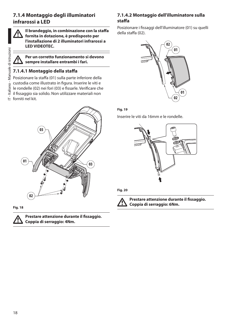 4 montaggio degli illuminatori infrarossi a led, 1 montaggio della staffa, 2 montaggio dell'illuminatore sulla staffa | Videotec ULISSE NETCAM User Manual | Page 70 / 204