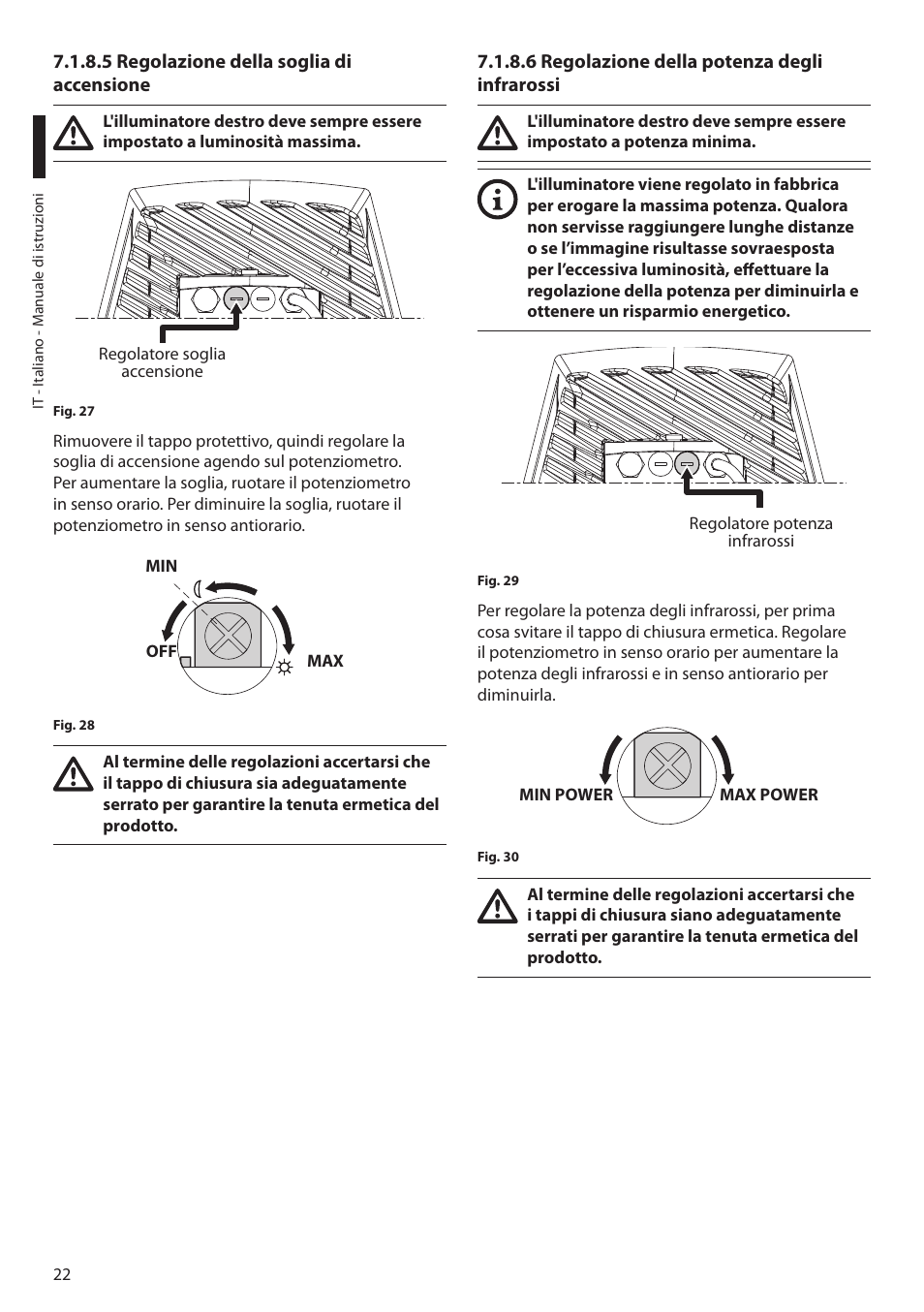 5 regolazione della soglia di accensione, 6 regolazione della potenza degli infrarossi | Videotec ULISSE NETCAM User Manual | Page 74 / 204