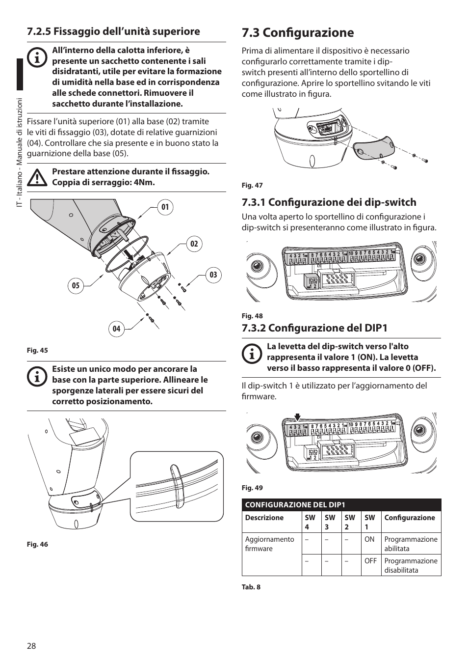 5 fissaggio dell’unità superiore, 3 configurazione, 1 configurazione dei dip-switch | 2 configurazione del dip1 | Videotec ULISSE NETCAM User Manual | Page 80 / 204