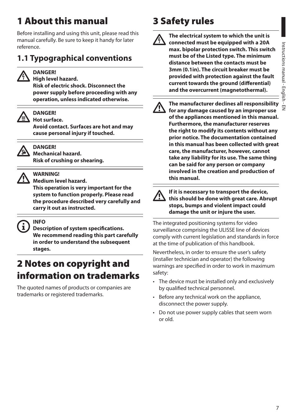 1 about this manual, 1 typographical conventions, 2 notes on copyright and information on trademarks | 3 safety rules | Videotec ULISSE NETCAM User Manual | Page 9 / 204