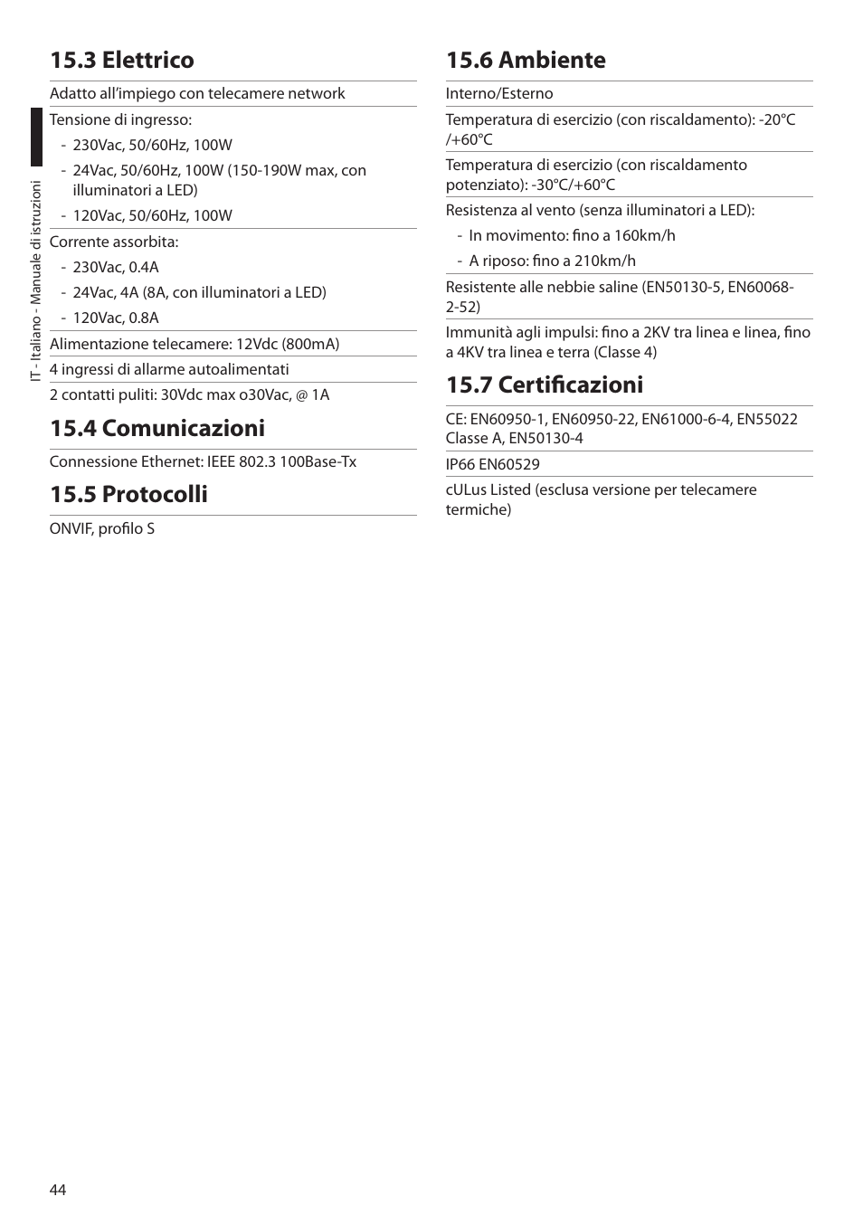 3 elettrico, 4 comunicazioni, 5 protocolli | 6 ambiente, 7 certificazioni | Videotec ULISSE NETCAM User Manual | Page 96 / 204