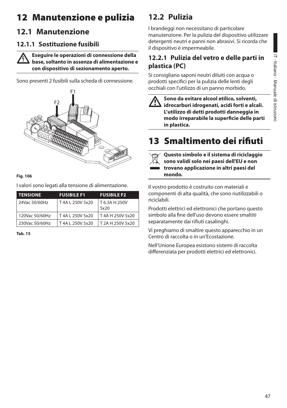 12 manutenzione e pulizia, 1 manutenzione, 1 sostituzione fusibili | 2 pulizia, 1 pulizia del vetro e delle parti in plastica (pc), 13 smaltimento dei rifiuti | Videotec ULISSE PLUS User Manual | Page 107 / 236