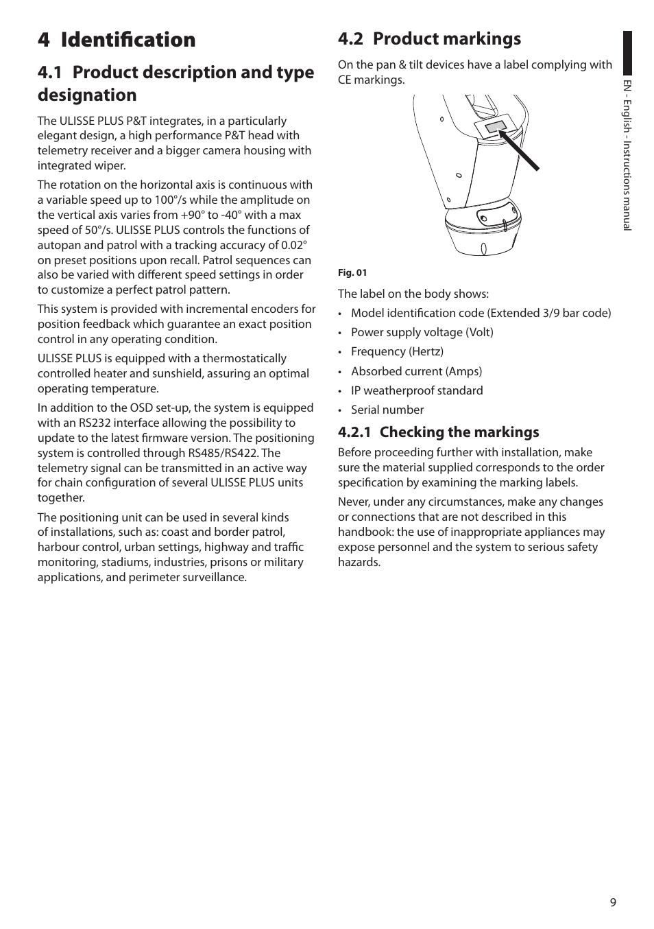 4 identification, 1 product description and type designation, 2 product markings | 1 checking the markings | Videotec ULISSE PLUS User Manual | Page 11 / 236