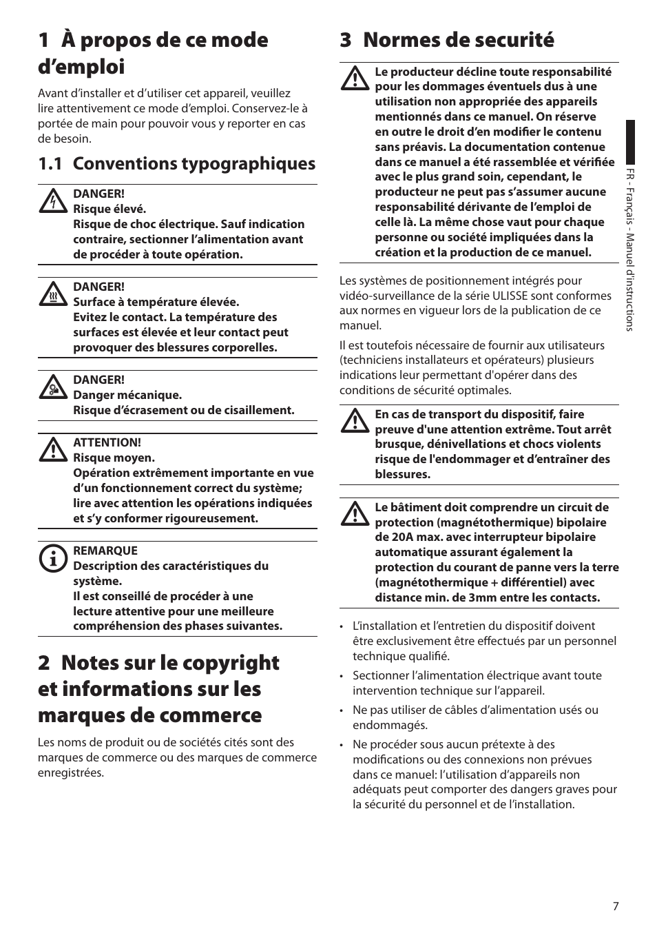 1 à propos de ce mode d’emploi, 1 conventions typographiques, 3 normes de securité | Videotec ULISSE PLUS User Manual | Page 125 / 236