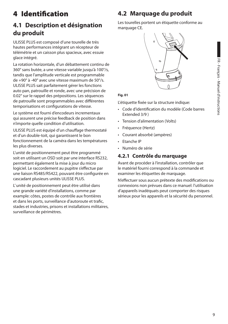 4 identification, 1 description et désignation du produit, 2 marquage du produit | 1 contrôle du marquage | Videotec ULISSE PLUS User Manual | Page 127 / 236