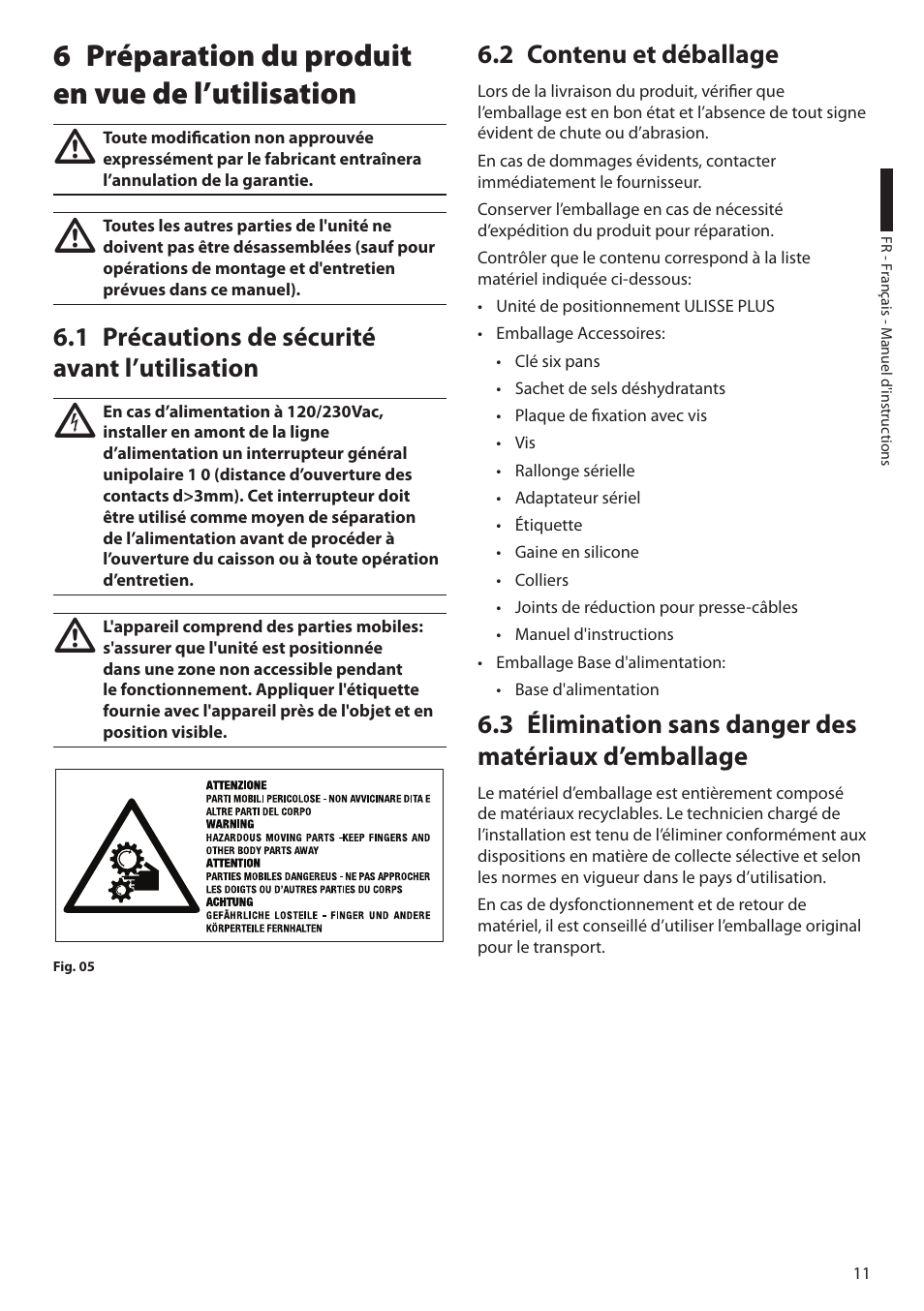 6 préparation du produit en vue de l’utilisation, 1 précautions de sécurité avant l’utilisation, 2 contenu et déballage | Videotec ULISSE PLUS User Manual | Page 129 / 236