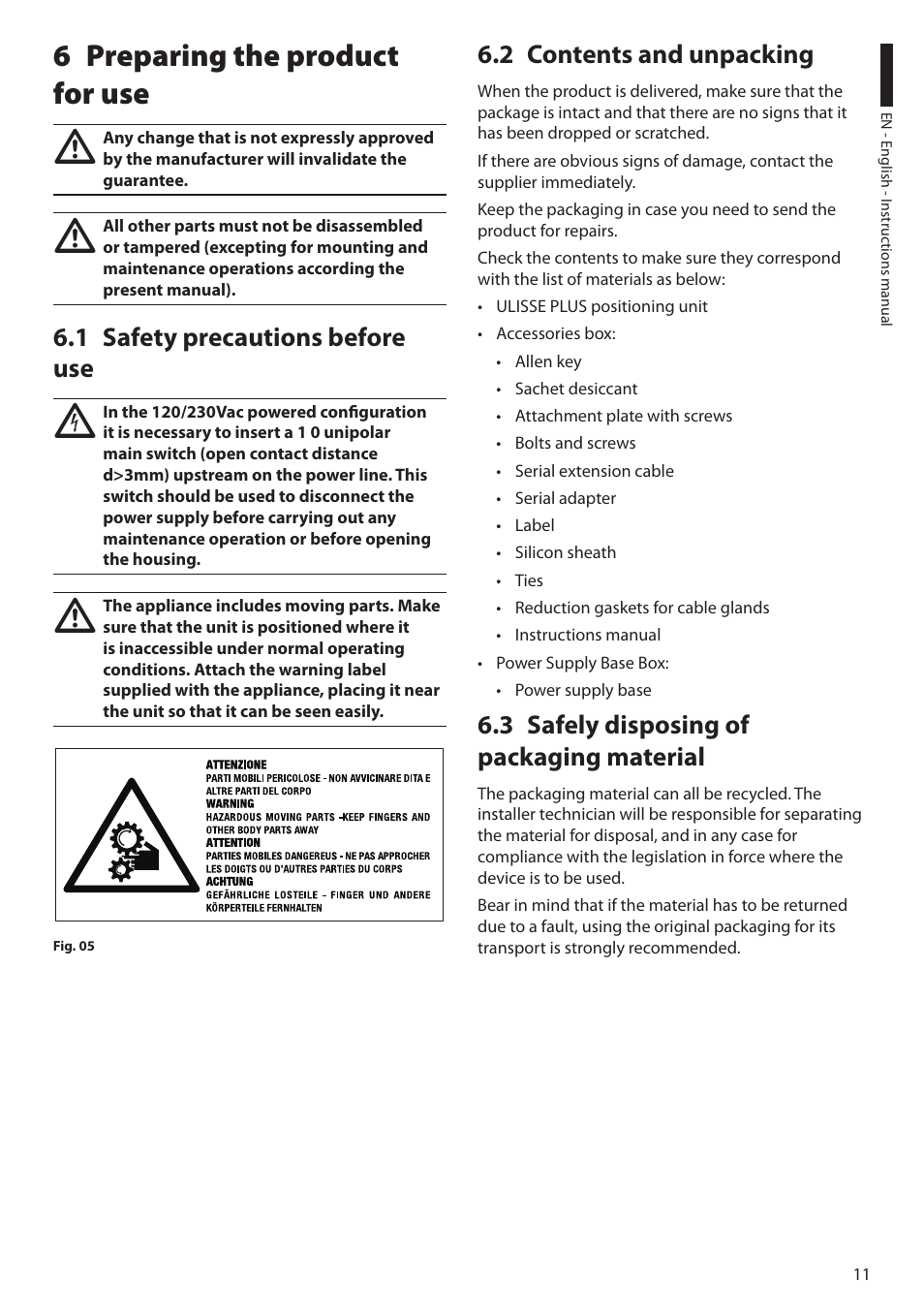 6 preparing the product for use, 1 safety precautions before use, 2 contents and unpacking | 3 safely disposing of packaging material | Videotec ULISSE PLUS User Manual | Page 13 / 236