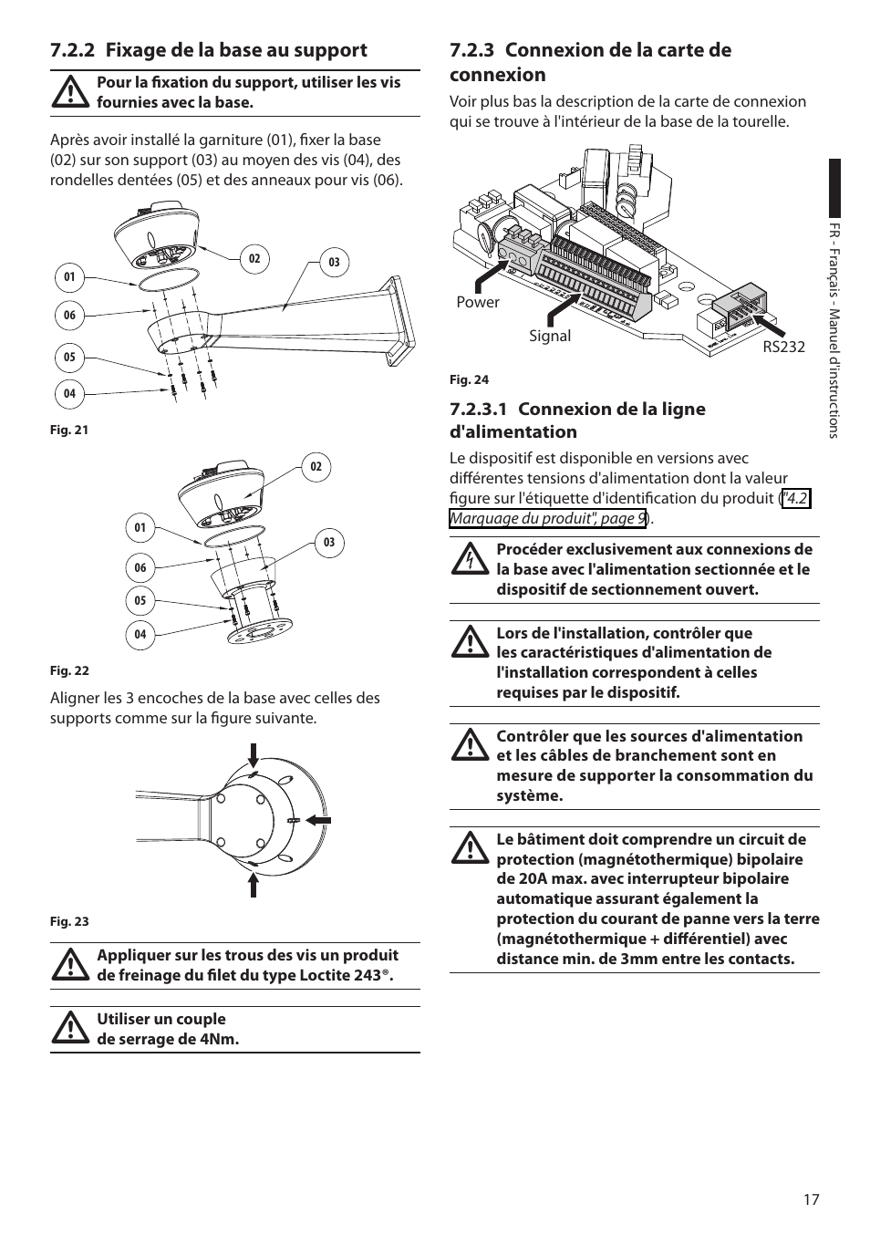 2 fixage de la base au support, 3 connexion de la carte de connexion, 1 connexion de la ligne d'alimentation | Videotec ULISSE PLUS User Manual | Page 135 / 236