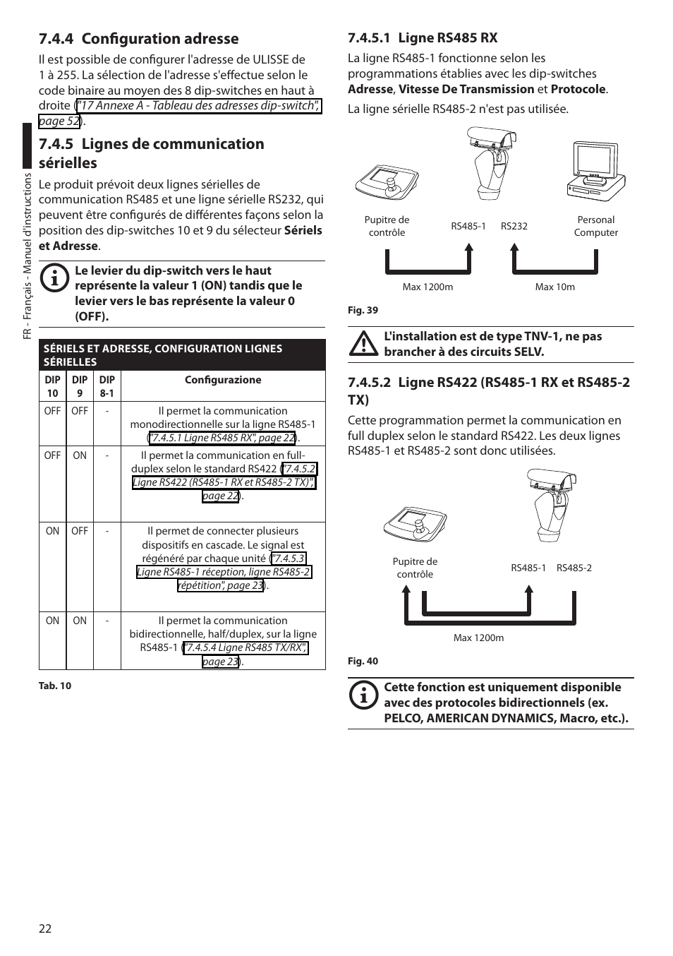 4 configuration adresse, 5 lignes de communication sérielles, 1 ligne rs485 rx | 2 ligne rs422 (rs485-1 rx et rs485-2 tx) | Videotec ULISSE PLUS User Manual | Page 140 / 236