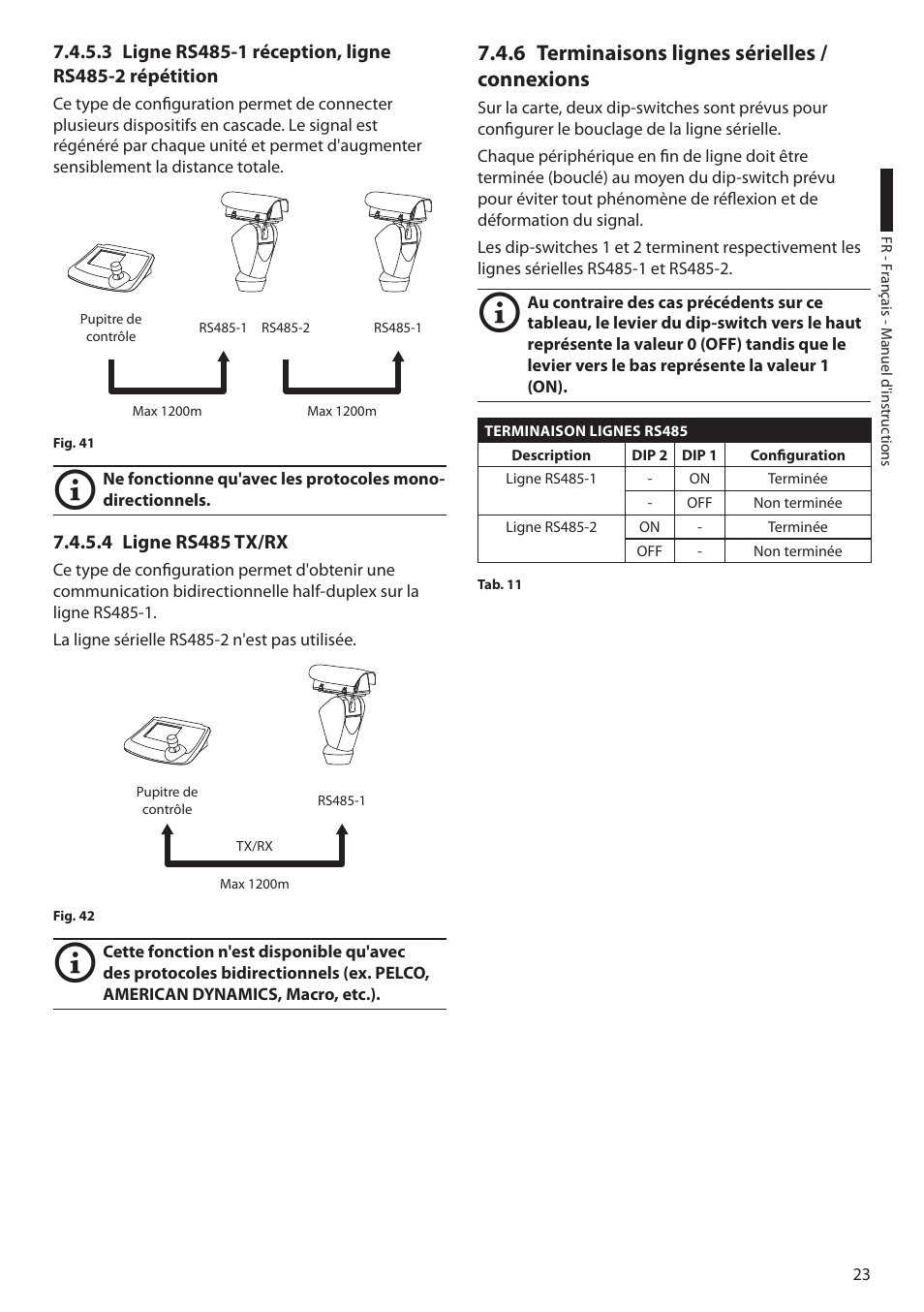 4 ligne rs485 tx/rx, 6 terminaisons lignes sérielles /connexions, Ligne rs485-1 réception, ligne rs485-2 | Rs485-1 ( "7.4.5.4 ligne rs485 tx/rx | Videotec ULISSE PLUS User Manual | Page 141 / 236