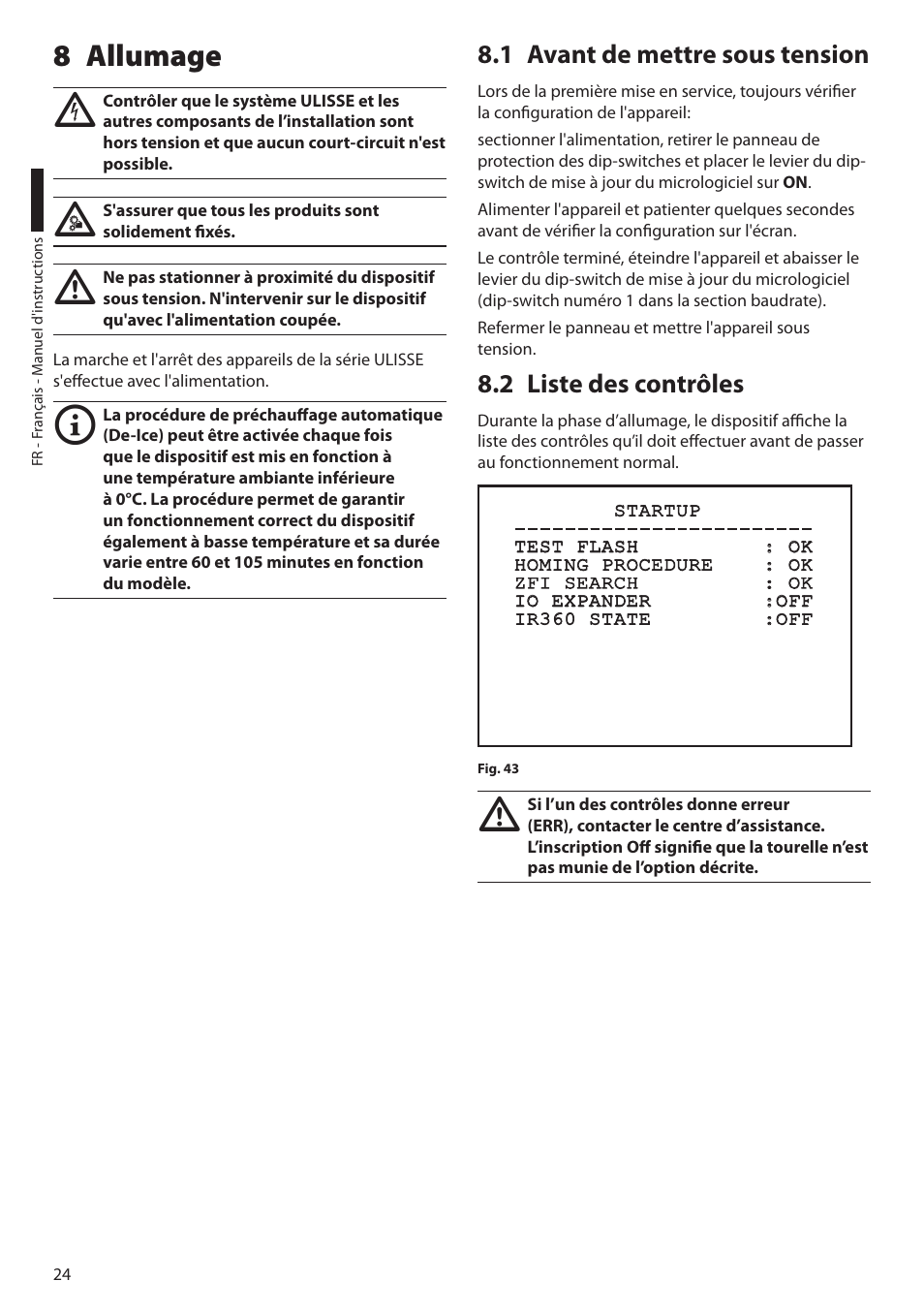 8 allumage, 1 avant de mettre sous tension, 2 liste des contrôles | Videotec ULISSE PLUS User Manual | Page 142 / 236