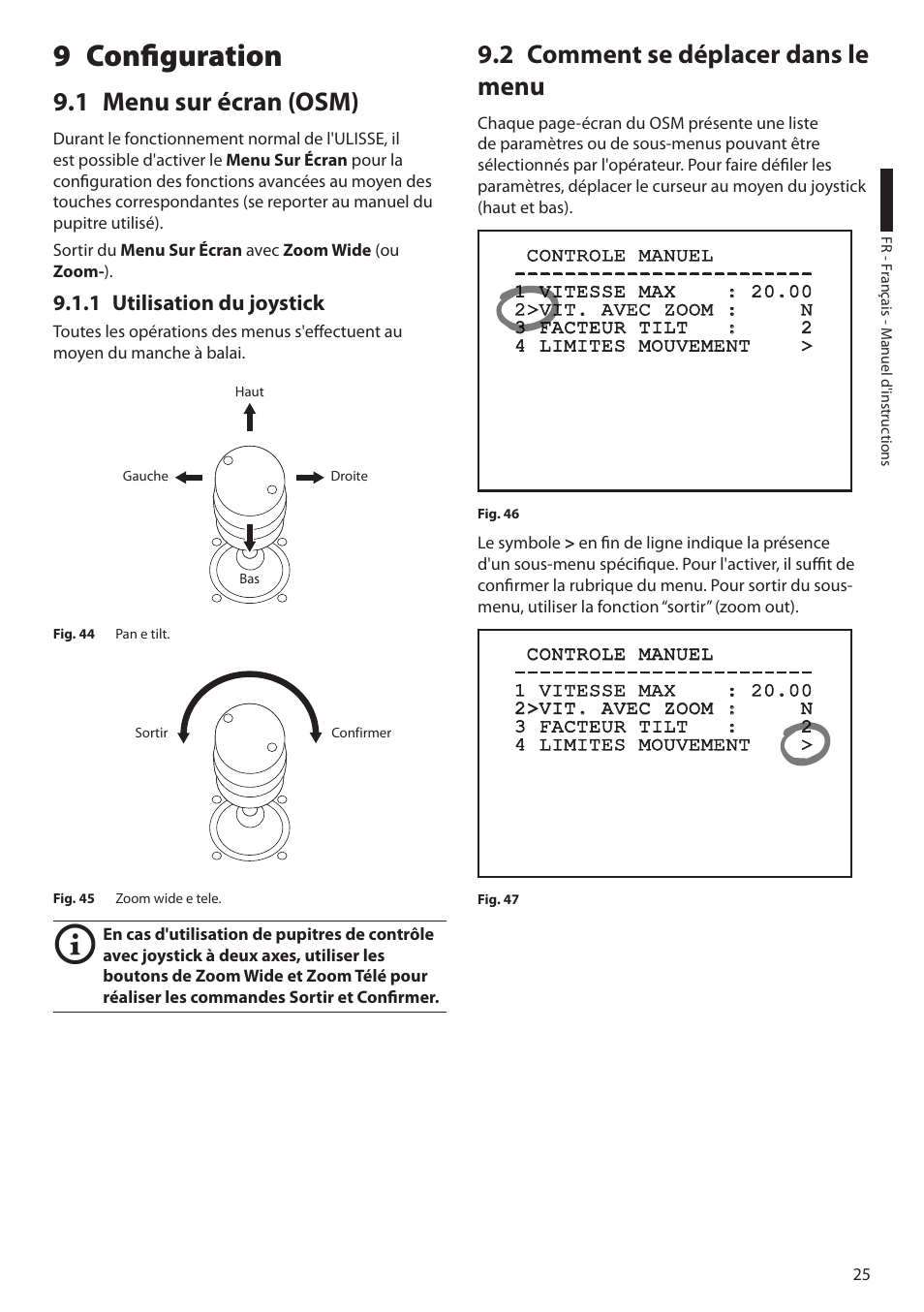 9 configuration, 1 menu sur écran (osm), 1 utilisation du joystick | 2 comment se déplacer dans le menu | Videotec ULISSE PLUS User Manual | Page 143 / 236