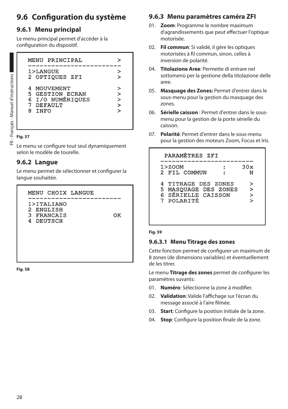 6 configuration du système, 1 menu principal, 2 langue | 3 menu paramètres caméra zfi, 1 menu titrage des zones | Videotec ULISSE PLUS User Manual | Page 146 / 236