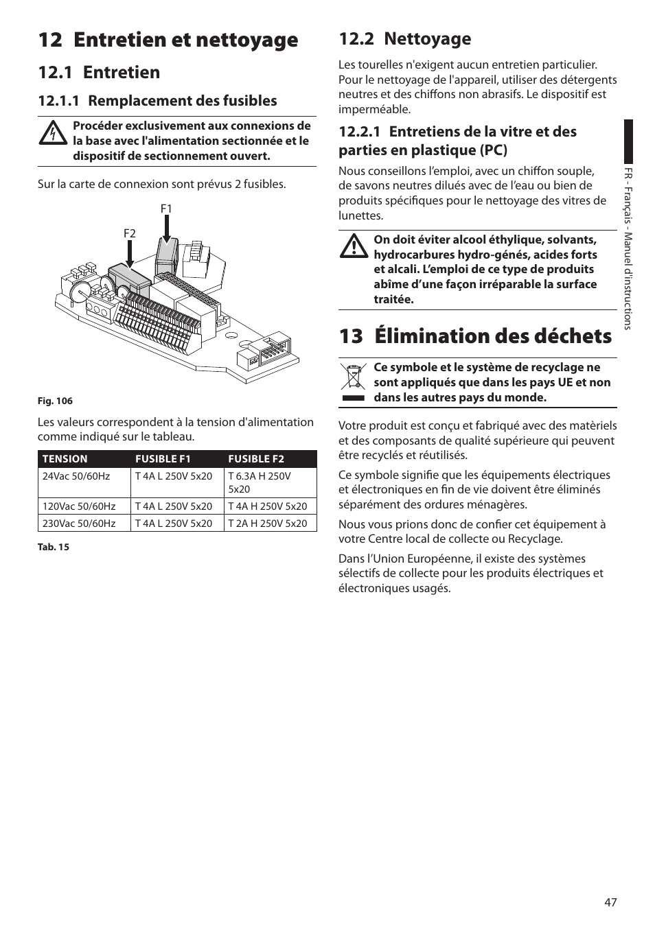 12 entretien et nettoyage, 1 entretien, 1 remplacement des fusibles | 2 nettoyage, 13 élimination des déchets | Videotec ULISSE PLUS User Manual | Page 165 / 236