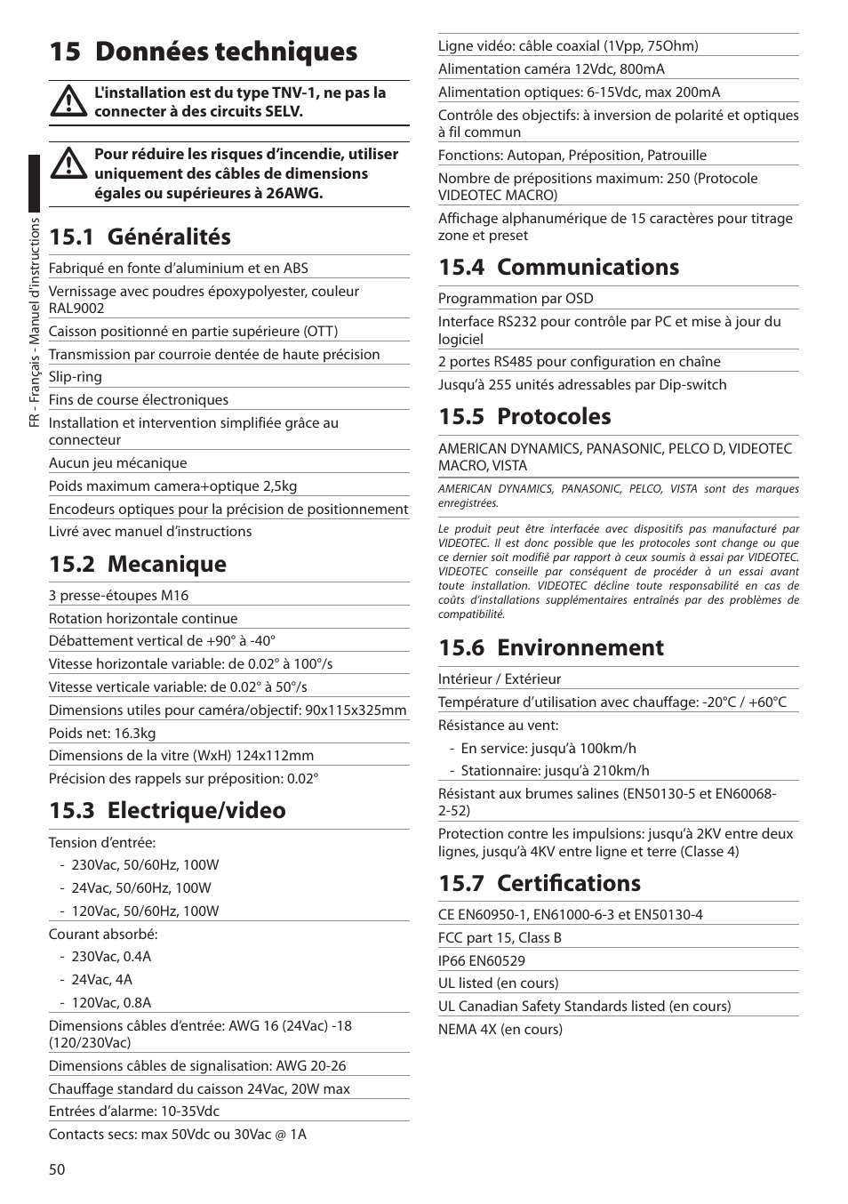 15 données techniques, 1 généralités, 2 mecanique | 3 electrique/video, 4 communications, 5 protocoles, 6 environnement, 7 certifications | Videotec ULISSE PLUS User Manual | Page 168 / 236