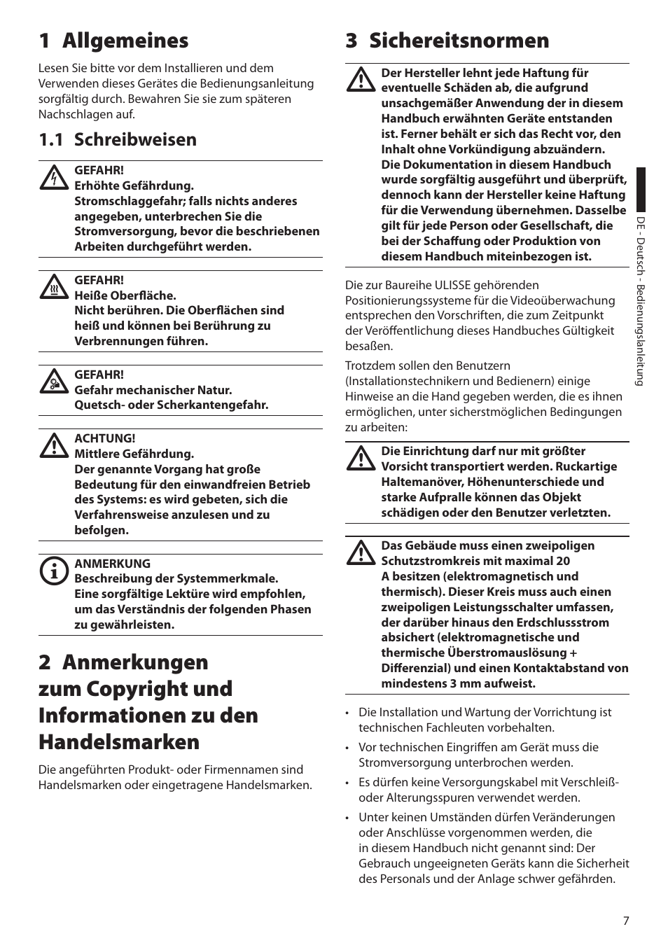 1 allgemeines, 1 schreibweisen, 3 sichereitsnormen | Videotec ULISSE PLUS User Manual | Page 183 / 236