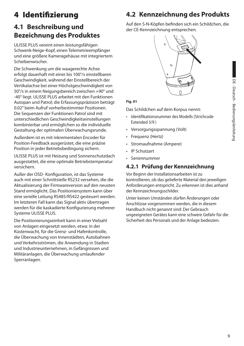 4 identifizierung, 1 beschreibung und bezeichnung des produktes, 2 kennzeichnung des produkts | 1 prüfung der kennzeichnung | Videotec ULISSE PLUS User Manual | Page 185 / 236