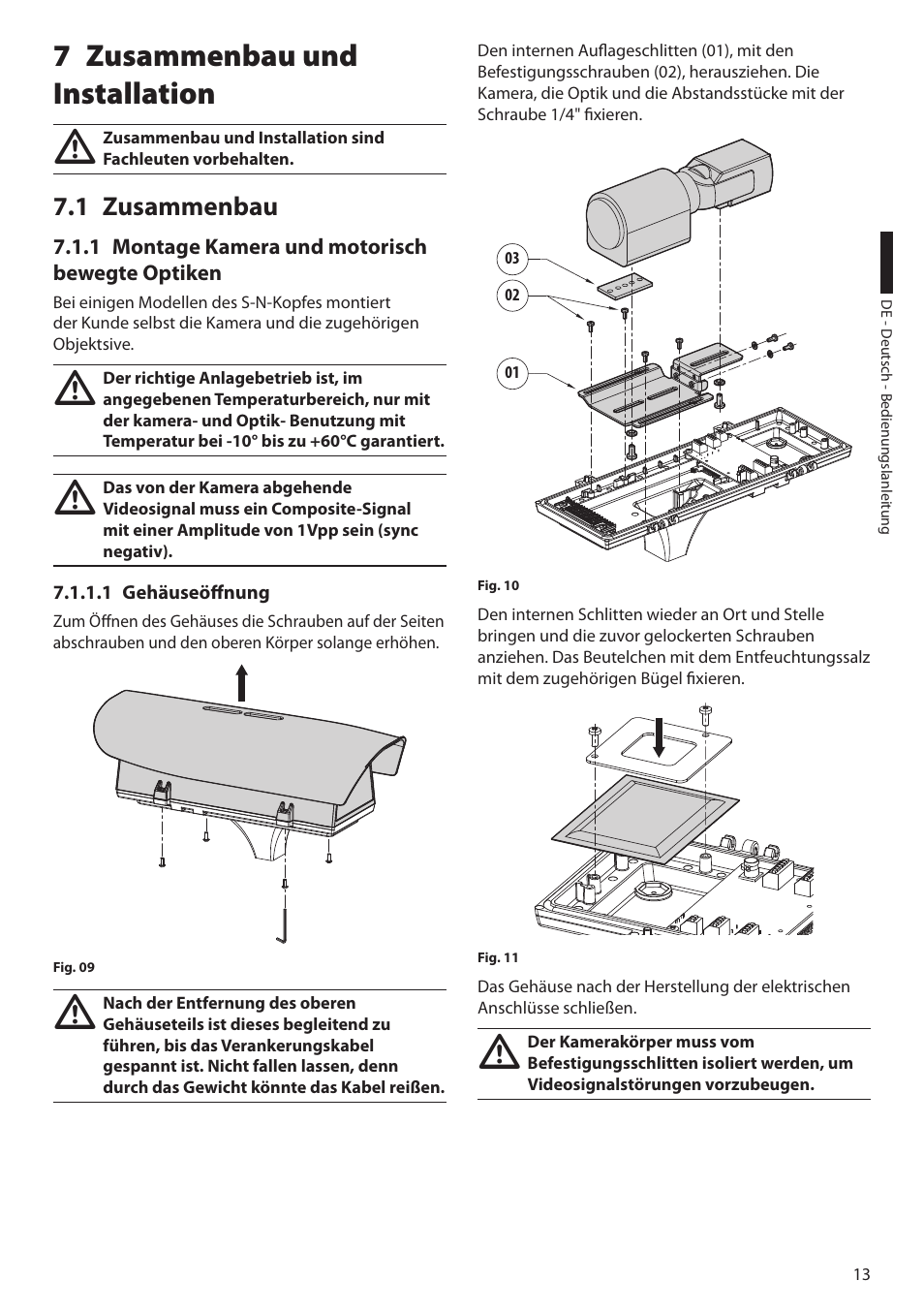 7 zusammenbau und installation, 1 zusammenbau, 1 montage kamera und motorisch bewegte optiken | 1 gehäuseöffnung | Videotec ULISSE PLUS User Manual | Page 189 / 236