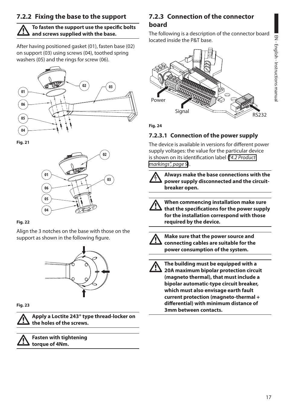 2 fixing the base to the support, 3 connection of the connector board, 1 connection of the power supply | Videotec ULISSE PLUS User Manual | Page 19 / 236