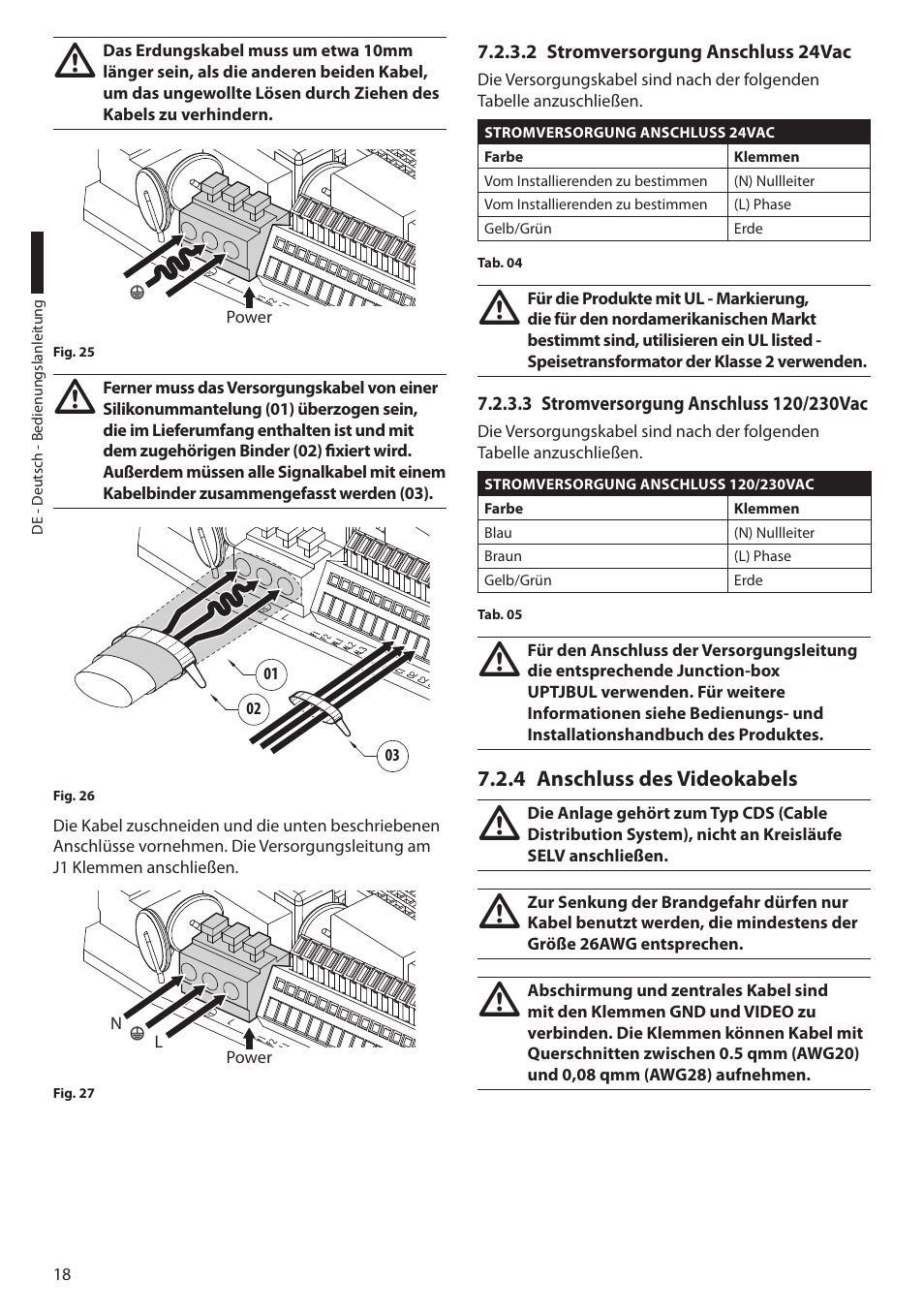 2 stromversorgung anschluss 24vac, 3 stromversorgung anschluss 120/230vac, 4 anschluss des videokabels | Videotec ULISSE PLUS User Manual | Page 194 / 236