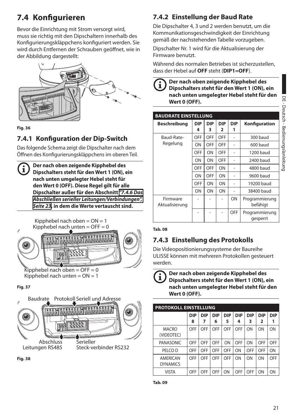 4 konfigurieren, 1 konfiguration der dip-switch, 2 einstellung der baud rate | 3 einstellung des protokolls | Videotec ULISSE PLUS User Manual | Page 197 / 236