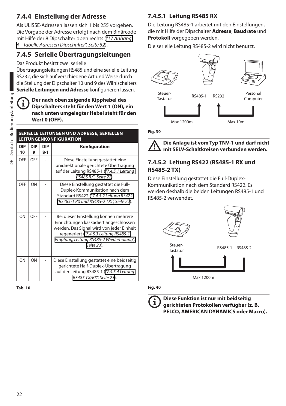 4 einstellung der adresse, 5 serielle übertragungsleitungen, 1 leitung rs485 rx | 2 leitung rs422 (rs485-1 rx und rs485-2 tx) | Videotec ULISSE PLUS User Manual | Page 198 / 236
