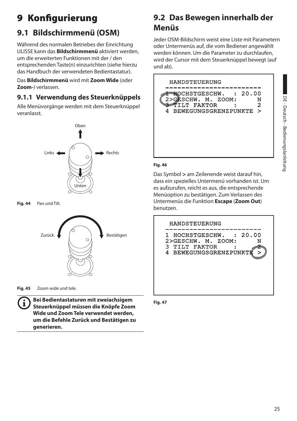 9 konfigurierung, 1 bildschirmmenü (osm), 1 verwendung des steuerknüppels | 2 das bewegen innerhalb der menüs | Videotec ULISSE PLUS User Manual | Page 201 / 236